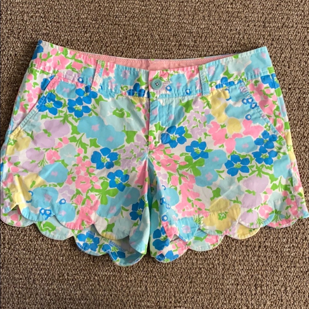 Lilly Pulitzer Pink and Blue Bermuda Shorts with Scalloped Hem